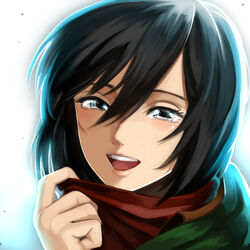  backlighting black_hair blue_eyes commentary english_commentary female highres lips mikasa_ackerman open_mouth otosama portrait scar scar_on_cheek scar_on_face scarf shingeki_no_kyojin smile solo tears 