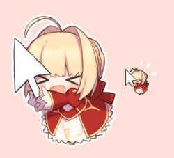  &gt;_&lt; :d ahoge bad_id bad_pixiv_id blonde_hair blush chibi closed_eyes commentary_request cursor dress duplicate fate/extra fate_(series) female full_body hair_intakes munuko nero_claudius_(fate) nero_claudius_(fate/extra) open_mouth pixel-perfect_duplicate pixel_art red_dress simple_background smile solo xd 