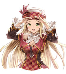  77gl arms_up bad_id bad_pixiv_id blonde_hair bow breasts cleavage cleavage_cutout clothing_cutout commentary_request diola_(granblue_fantasy) dress female frilled_sleeves frills granblue_fantasy green_eyes hat hat_bow large_breasts long_hair long_sleeves looking_at_viewer open_mouth photoshop_(medium) plaid plaid_shirt shirt simple_background smile solo upper_body very_long_hair white_background wide_sleeves 