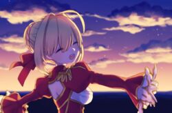  ^_^ ahoge bad_id bad_pixiv_id braid closed_eyes cloud cloudy_sky commentary_request dress evening facing_viewer fate/extra fate_(series) female french_braid hair_intakes juliet_sleeves long_sleeves looking_back munuko nero_claudius_(fate) nero_claudius_(fate/extra) open_mouth outdoors outstretched_arms puffy_sleeves red_dress sidelocks sky smile solo teeth upper_body 