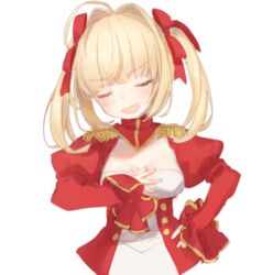  ahoge alternate_hairstyle bad_id bad_pixiv_id closed_eyes commentary_request doyagao dress epaulettes fate/extra fate_(series) female hair_intakes hair_ribbon hand_on_own_chest juliet_sleeves long_sleeves munuko nero_claudius_(fate) nero_claudius_(fate/extra) open_mouth puffy_sleeves red_dress red_ribbon ribbon sidelocks simple_background smile smug solo twintails upper_body white_background 