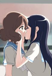  2girls black_hair brown_eyes brown_hair closed_eyes commentary_request hands_on_another&#039;s_cheeks hands_on_another&#039;s_face hibike!_euphonium highres kissing kitauji_high_school_uniform kousaka_reina long_hair looking_at_another multiple_girls neckerchief oumae_kumiko school_uniform serafuku short_hair wavy_hair white_neckerchief xingnai yuri 