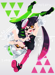  +_+ 2girls ;d bare_arms bare_shoulders bow-shaped_hair callie_(splatoon) character_name commentary_request detached_collar dress earrings etsuo fangs flipped_hair food food_on_head gloves green_pantyhose hair_rings half_updo highres hoop_earrings inkling jewelry long_hair marie_(splatoon) mole mole_under_eye multiple_girls object_on_head one_eye_closed open_mouth orange_eyes pantyhose photoshop_(medium) purple_hair purple_legwear short_hair short_jumpsuit smile splatoon_(series) splatoon_1 strapless strapless_dress swept_bangs symbol-shaped_pupils upside-down white_hair 