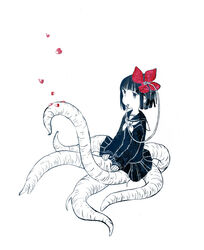  bangs black_eyes black_hair blunt_bangs bob_cut bow flat_chest flower hair_flower hair_ornament hantoumei_namako monochrome monster_girl pale_skin petals ribbon school_uniform serafuku short_hair simple_background skirt solo tentacle white_background 