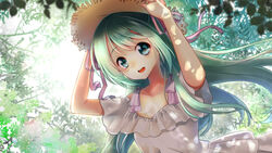  arms_up commentary_request female green_eyes green_hair hair_ribbon hat hatsune_miku long_hair looking_at_viewer maronie. open_mouth ribbon solo straw_hat vocaloid 