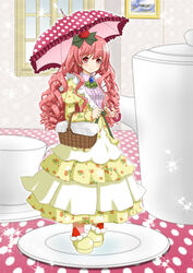  cake commentary_request dress female food food-themed_clothes food-themed_hair_ornament fruit hair_ornament highres looking_at_viewer original over_shoulder personification picnic_basket pink_hair pink_legwear plate pocketland red_eyes shoes smile solo strawberry strawberry_hair_ornament strawberry_shortcake umbrella window yellow_dress yellow_footwear yukion 