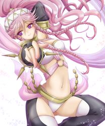  bad_id bad_pixiv_id belt bracelet braid commentary_request detached_sleeves female fire_emblem fire_emblem_awakening hairband hayabusa_koi jewelry long_hair midriff nail_polish navel olivia_(fire_emblem) panties pink_hair ponytail purple_eyes side_braid smile solo thighhighs twin_braids underwear white_panties 