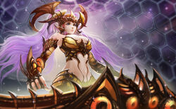  alternate_costume alternate_outfit bare_shoulders big_breasts blue_eyes breasts closed_mouth female female fingerless_gloves gloves kaze_no_gyouja large_breasts league_of_legends long_hair midriff nail_polish navel purple_hair red_nails solo sona_buvelle twintails 