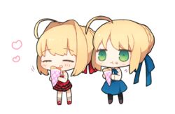  2girls :t ^_^ ahoge artoria_pendragon_(fate) bad_id bad_pixiv_id black_pantyhose blonde_hair blouse blue_ribbon blue_skirt blush chibi closed_eyes commentary_request crepe dress eating fate/extra fate/stay_night fate_(series) food food_on_face green_eyes hair_intakes hair_ribbon heart jitome long_sleeves mary_janes multiple_girls munuko nero_claudius_(fate) nero_claudius_(fate/extra) pantyhose red_dress red_footwear red_ribbon ribbon saber_(fate) shirt shoes sidelocks simple_background skirt smile standing white_background white_legwear white_shirt 