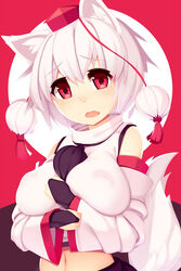  albino animal_ears black_gloves breasts commentary_request covered_nipples detached_sleeves female gloves hat inubashiri_momiji japanese_clothes large_breasts long_sleeves looking_at_viewer midriff mikan_(bananoha) navel oerba_yun_fang open_mouth pom_pom_(clothes) red_eyes shirt short_hair solo string tail tokin_hat touhou upper_body white_hair wide_sleeves wolf_ears wolf_tail 