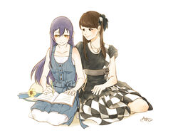  2girls a-shi_(lion81923) argyle bare_arms black_eyes blue_hair book brown_hair collarbone commentary_request dress flower full_body hair_ornament hat hat_flower jewelry long_hair love_live! love_live!_school_idol_project mechanical_pencil mimori_suzuko multiple_girls necklace pencil photoshop_(medium) seiza short_sleeves sitting sleeveless smile sonoda_umi sun_hat voice_actor voice_actor_connection white_background yellow_eyes yokozuwari 