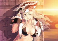  bikini black_bikini blue_eyes breasts breasts_apart brown_hair coat collarbone female flower frills hands_on_headwear hat highres long_hair looking_at_viewer medium_breasts navel official_art one_eye_closed open_clothes open_mouth paint.net_(medium) pirate pirate_hat pointing pointing_up rose runes shadow shining_(series) shining_ark skull_and_crossbones smile solo sunset swimsuit tony_taka velvet_batrass 