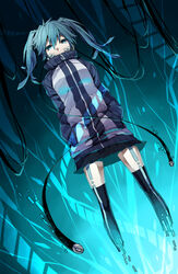  blue_eyes blue_hair cable commentary_request ene_(kagerou_project) female hands_in_pockets headphones jinzou_enemy_(vocaloid) kagerou_project long_hair skirt solo twintails wonoco0916 