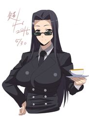  bad_id bad_pixiv_id black_hair breasts brown_eyes cup dated female formal hand_on_own_hip highres kagiyama_(clave) large_breasts long_hair looking_over_eyewear monster_musume_no_iru_nichijou ms._smith necktie signature simple_background smile solo suit sunglasses teacup white_background 