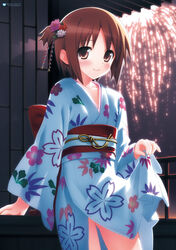  blush brown_eyes brown_hair dress dress_lift fireworks flower hiide japanese_clothes kimono looking_at_viewer nekomiya_nono osananajimi_to_no_kurashikata yotsunoha yukata yuukata 