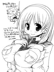  breasts female gm_(mobile_suit) gundam gundam_lost_war_chronicles head headset hirowa_nagi large_breasts mecha military_uniform monochrome noel_anderson smile uniform upper_body 