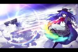  above_clouds apron backlighting bad_id bad_pixiv_id blue_hair blue_skirt blue_sky cloud commentary_request day female floating food fruit hat hinanawi_tenshi holding holding_sword holding_weapon lens_flare letterboxed long_hair looking_at_viewer open_mouth peach perspective rainbow_order red_eyes shirokku_(shirock8) shirt short_sleeves skirt sky solo sun_halo sword sword_of_hisou touhou weapon white_shirt 