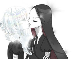  2others androgynous bad_id bad_pixiv_id black_hair bort closed_eyes colored_eyelashes diamond_(houseki_no_kuni) easty elbow_gloves gem_uniform_(houseki_no_kuni) gloves houseki_no_kuni kissing long_hair multicolored_hair multiple_others necktie other_focus rainbow_hair short_hair upper_body veil white_background 