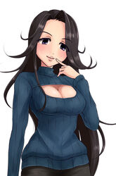  black_hair breasts cleavage cleavage_cutout clothing_cutout commentary_request female haiji_(sugakunigate) highres idolmaster idolmaster_cinderella_girls large_breasts long_hair md5_mismatch meme_attire open-chest_sweater photoshop_(medium) purple_eyes resolution_mismatch ribbed_sweater simple_background solo source_smaller sweater takahashi_reiko turtleneck 