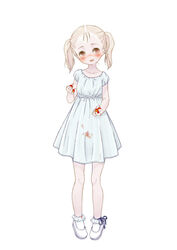  blush bow cherry dress female food fruit hantoumei_namako lolicon open_mouth ribbon shoes short_hair simple_background socks solo twintails white_background white_dress 