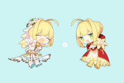  2girls :d ^_^ ahoge aqua_background bad_id bad_pixiv_id blush bodysuit braid chibi closed_eyes commentary_request dress fate/extra fate/extra_ccc fate_(series) french_braid hair_intakes looking_at_viewer multiple_girls munuko nero_claudius_(bride)_(fate) nero_claudius_(fate) nero_claudius_(fate/extra) open_mouth pointing pointing_at_viewer red_dress sidelocks simple_background smile v-shaped_eyebrows veil 