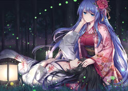  1boy althea_(sakiya0000) arm_up black_hair blue_eyes blue_hair breasts collarbone commentary_request eye_contact female floating_hair flower forest hair_flower hair_ornament hand_on_another&#039;s_cheek hand_on_another&#039;s_face hand_on_another&#039;s_shoulder japanese_clothes jewelry kimono lantern lap_pillow large_breasts long_hair looking_at_another lying nature night obi on_back original outdoors photoshop_(medium) red_eyes red_flower red_kimono ring sash seiza sitting smile tree very_long_hair yukata 