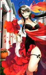  absurdres ahoge armpits bare_legs bare_shoulders black_hair blue_eyes blue_sky bow bracelet breasts building choker cleavage collarbone day doujinshi dress female flamenco flower foreshortening frilled_dress frills gradient_hair head_tilt highres house jewelry large_breasts layered_dress long_hair looking_at_viewer mouth_hold multicolored_clothes multicolored_dress multicolored_hair no_socks off-shoulder_dress off_shoulder original petals photoshop_(medium) plant ponytail potted_plant red_bow red_flower red_footwear red_rose rose rose_petals running scan shoes sky solo spanish_clothes strapless strapless_dress tareme tony_taka town traditional_clothes very_long_hair 