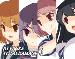  4girls :o :p :| ahoge akebono_(kancolle) bandaid bandaid_on_face black_hair breasts close-up closed_mouth commentary_request cut-in disgaea disgaea_team_attack kantai_collection large_breasts long_hair looking_to_the_side multiple_girls oboro_(kancolle) oerba_yun_fang open_mouth orange_eyes orange_hair parody pink_eyes pink_hair portrait purple_eyes purple_hair sazanami_(kancolle) school_uniform serafuku short_hair simple_background smile text_focus tongue tongue_out upper_body ushio_(kancolle) v-shaped_eyebrows wamu_(chartreuse) white_background 