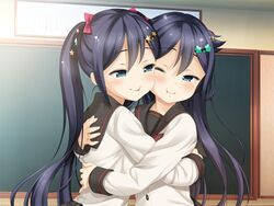  2girls aida_takanobu blue_eyes blue_hair bow cheek-to-cheek eye_contact game_cg hair_ornament hairbow hairpin heads_together hug incest indoors kimishima_ai kimishima_aya long_hair long_sleeves looking_at_another multiple_girls mutual_hug one_eye_closed siblings sisters smile sono_hanabira_ni_kuchizuke_wo twincest twins twintails upper_body yuri 