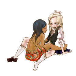  2girls bare_legs barefoot black_eyes black_hair blonde_hair blue_eyes blush bow bracelet dark_skin flat_chest hantoumei_namako jewelry long_hair multiple_girls parted_bangs shoes simple_background smile socks white_background yuri 