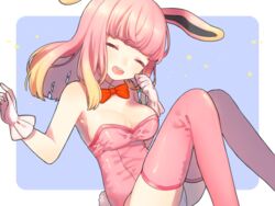  :d ^_^ animal_ears bad_id bad_pixiv_id bare_shoulders blonde_hair breasts closed_eyes commentary_request fate/grand_order fate_(series) female gloves gradient_hair hand_up leotard long_hair medium_breasts multicolored_hair munuko open_mouth pink_hair pink_leotard pink_thighhighs playboy_bunny rabbit_ears rabbit_tail riyo_servant_(bunnygirl)_(fate) sitting smile solo star_(symbol) strapless strapless_leotard tail teeth thighhighs thighs white_gloves 