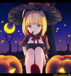  ahoge bad_id bad_pixiv_id black_gloves blush closed_mouth commentary_request crescent_moon fate/extra fate_(series) female finger_to_mouth frills gloves halloween hand_up hat jack-o&#039;-lantern legs_together letterboxed looking_at_viewer moon munuko nero_claudius_(fate) nero_claudius_(fate/extra) night night_sky outdoors puffy_short_sleeves puffy_sleeves short_hair short_sleeves sidelocks sitting sky smile solo witch_hat 