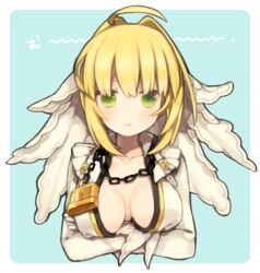  :t ahoge bad_id bad_pixiv_id blonde_hair blush bodysuit bondage breasts chains closed_mouth commentary_request crossed_arms fate/extra fate/extra_ccc fate_(series) female gloves green_eyes hair_intakes lock looking_at_viewer medium_breasts munuko nero_claudius_(bride)_(fate) nero_claudius_(fate) padlock pout sidelocks solo unzipped upper_body veil white_gloves 