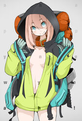  backpack bag blue_eyes blush bottomless collar commentary_request english_text engrish_text female gloves happy_new_year hood hoodie long_hair looking_at_viewer naked_hoodie new_year original photoshop_(medium) pink_hair ranguage smile solo takagi_(tansuke) tansuke 