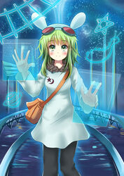  bag blush commentary_request female goggles goggles_on_head green_eyes green_hair gumi handbag highres looking_at_viewer night night_sky photoshop_(medium) rayhwang red-tinted_eyewear sky smile solo star-shaped_pupils star_(sky) star_(symbol) starry_sky symbol-shaped_pupils tinted_eyewear vocaloid 