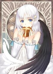  bare_shoulders black_wings blue_eyes bread breasts cleavage criss-cross_halter detached_sleeves dress eyebrows feathered_wings feathers female food food_on_face frilled_sleeves frills hair_ornament hairclip halterneck highres holding holding_food long_hair looking_at_viewer medium_hair official_art paint.net_(medium) panis_angelicus shining_(series) shining_ark single_wing small_breasts smile solo star_(symbol) tony_taka upper_body white_dress white_hair wings 