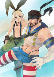  1boy bandana big_boss big_boss_(cosplay) breasts commentary_request cosplay costume_switch crossdressing crossover female fingerless_gloves gloves ikuyoan kantai_collection manly metal_gear_(series) metal_gear_solid navel shimakaze_(kancolle) shimakaze_(kancolle)_(cosplay) small_breasts striped_clothes striped_thighhighs suspenders thighhighs 