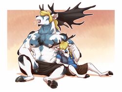  2016 4:3 alternate_species anthro antlers arm_on_leg arm_tuft belly big_muscles black_body black_clothing black_fur black_hooves black_horn black_nipples black_nose black_stripes blonde_hair blue_body blue_clothing blue_countershading blue_fur blue_stripes body_hair border braided_hair brown_clothing cervine cheek_tuft chest_hair chest_tuft closed_eyes clothed clothing cloven_hooves countershade_torso countershading deer dewclaw_hooves digital_media_(artwork) dipstick_ears duo ear_markings eclipticafusion extinct facial_markings facial_tuft fingers front_view full-length_portrait fur gradient_background grey_clothing hair hairy hand_in_pocket hands_in_both_pockets happy_trail head_markings hoodie hoof_hands hooved_fingers hooved_hands hooves horn inner_ear_fluff irish_elk leaning leaning_backward long_hair looking_away looking_down male mammal markings megaloceros multicolored_body multicolored_ears multicolored_fur muscular navel nipples nogard_krad_nox open_clothing open_hoodie open_mouth open_topwear orange_background outside_border pockets portrait prehistoric_species reclining reverse_countershading shirt simple_background sitting size_difference sleeping spread_legs spreading square_crossover stripes tongue tongue_out topless topwear tuft underhoof unguligrade warm_colors white_background white_body white_border white_fur yawn yellow_background 