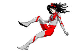  absurdres black_eyes black_hair bodysuit cosplay female floating_hair full_body grey_bodysuit highres knee_up long_hair looking_at_viewer red_bodysuit sakamoto_giulietta simple_background solo two-tone_bodysuit ultra_series ultraman ultraman_(1st_series) ultraman_(cosplay) ultraman_suit white_background 