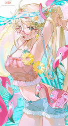  absurdres ahoge arm_up armpits bag bird blonde_hair blue_shorts breasts cleavage cowboy_shot crop_top earrings female fingernails flamingo food-themed_earrings food-themed_hair_ornament glasses green_eyes hair_between_eyes hair_ornament highres jewelry large_breasts long_hair looking_at_viewer navel oerba_yun_fang open_mouth original pineapple_earrings pink_bag short_shorts shorts sidelocks smile solo stomach teardrop-framed_glasses z3zz4 