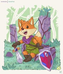  absurd_res adventure anthro boots canid canine clothing footwear forest fox grass green_clothing happy hi_res katxfish male mammal melee_weapon plant ruin_seeker shield shirt sitting smile solo sword topwear tree tunic tunic_(video_game) weapon 