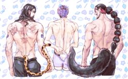  3boys back back_focus black_hair cropped_legs earrings eg_(eastg111) eyewear_on_head facial_hair goatee grabbing_another&#039;s_tail highres jabra_(one_piece) jewelry leopard_tail long_hair long_mustache male_focus mature_male moustache multi-tied_hair multiple_boys muscular muscular_male one_piece purple_hair rabbit_tail rob_lucci scar scar_on_back short_hair shoulder_tattoo smile spandam sweatdrop tail tattoo topless_male wolf_tail 