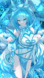  absurdres bare_shoulders blue_flower blue_hair blue_theme breasts covered_navel dated eeyoosekedooaat female flower fox_girl hand_on_own_chest highres holding hood hood_up large_breasts licking_lips long_hair original signature solo stairs thighs tongue tongue_out 