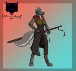  anthro armor armored_boots armored_gloves blackinkwolf canid canine canis chainmail clothed clothing digital_media_(artwork) fantasy female full_armor fur great_sword hand_on_hip headgear helmet hi_res mammal melee_weapon military muscular muscular_female pinup pose simple_background soldier solo sword tail warrior weapon wolf yuki_(blackinkwolf) 