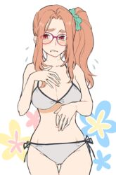  alternate_costume bikini blush breasts cleavage collarbone embarrassed female flower_(symbol) flying_sweatdrops frown glasses goeppe grimace hand_on_own_chest hand_on_own_stomach highres large_breasts long_hair looking_at_viewer navel orange_hair red-framed_eyewear red_eyes sekaiju_no_meikyuu sekaiju_no_meikyuu_3 sekaiju_no_meikyuu_hd side-tie_bikini_bottom side_ponytail solo swimsuit white_background white_bikini zodiac_(sekaiju) zodiac_5_(sekaiju) 