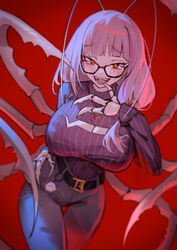  absurdres antenna_hair arthropod_girl arthropod_limbs belt black_belt breasts cleavage cleavage_cutout clothing_cutout cockroach_girl covered_navel eyelashes facial_mark female glasses gold_necklace grey_pants hand_on_own_hip highres jewelry large_breasts long_hair long_sleeves maplesights matara_kan matara_kan_(casual) monster_girl necklace open_mouth pants pink_hair purple_sweater red_background red_eyes solo sweater thigh_gap virtual_youtuber vshojo yellow_pupils 