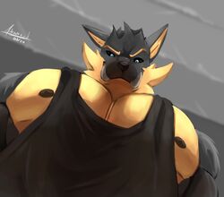  2024 adrovmike anthro biceps canid canine canis digital_media_(artwork) hair hi_res hogan looking_down low-angle_view male mammal meme muscular muscular_anthro muscular_male nipples pec_pov_meme pecs solo wolf 