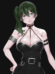  absurdres arm_strap armlet bare_shoulders belt belt_buckle between_breasts black_background black_belt black_dress breasts buckle choker closed_mouth commentary_request dress female green_hair hair_between_eyes hand_on_own_hip highres large_breasts long_hair looking_at_viewer o-ring o-ring_choker purple_eyes side_ponytail simple_background solo sousou_no_frieren strap_between_breasts ubel_(sousou_no_frieren) upper_body variant_set yesman_(cvbnyesman) 