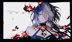  acheron_(honkai:_star_rail) bare_shoulders black_choker breasts choker cleavage criss-cross_halter earrings female flower grey_background hair_between_eyes hair_ornament hair_over_one_eye halterneck highres honkai:_star_rail honkai_(series) jewelry looking_at_viewer medium_breasts mulihaohao multicolored_hair purple_eyes purple_hair red_flower single_bare_shoulder solo streaked_hair upper_body white_hair 