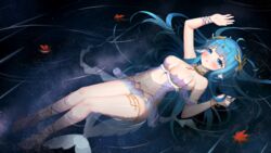  afloat ahoge arms_up blue_hair blush breasts cleavage female fins fish_tail hair_ornament harem_outfit head_fins highres in_water indie_virtual_youtuber jewelry large_breasts leaf long_hair maple_leaf merak_(vtuber) midriff navel neck_ring night night_sky open_mouth reflection reflective_water sky star_(sky) swimsuit tail thigh_strap thighs virtual_youtuber water white_clover_(unfy8472) wristband 